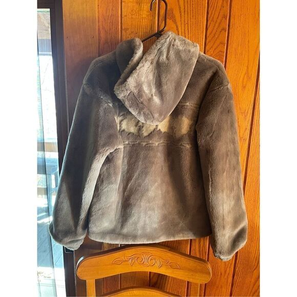 Vintage Woolrich Plush Gray Hooded Tumblewood Leaves Faux Fur Jacket Coat Sz M - Picture 5 of 10